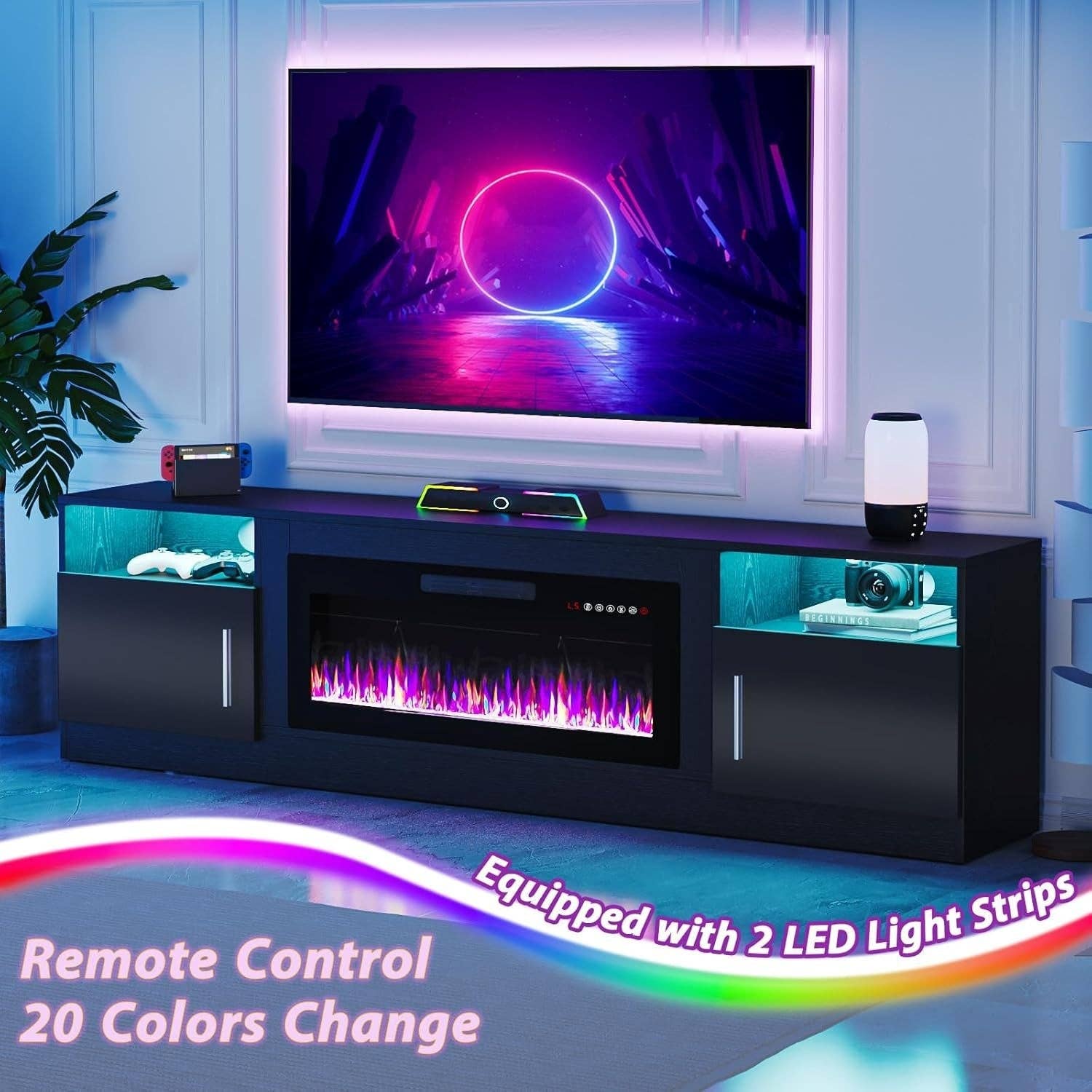 80 Inch TV Stand Electric Fireplace With LED Lighting Black for wholesale on Faire2