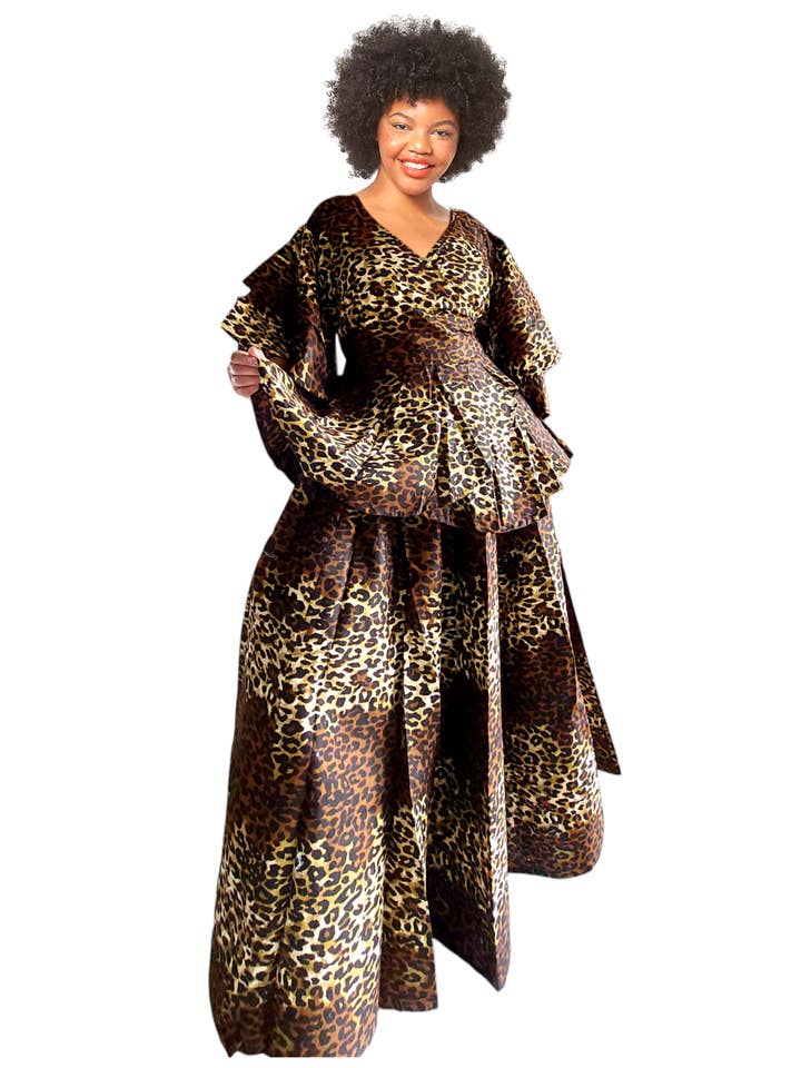 Conjunto 7001/falda larga y blusa cruzada/estampado animal marrón para venta al por mayor de India Batik