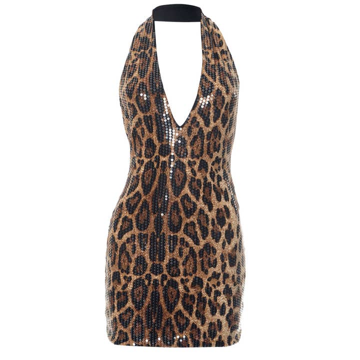 BELLISSIMA FASHION - Wholesale Dress - Women's - Leopard Print Halterneck Backless Bodycon Mini Dress(C)3