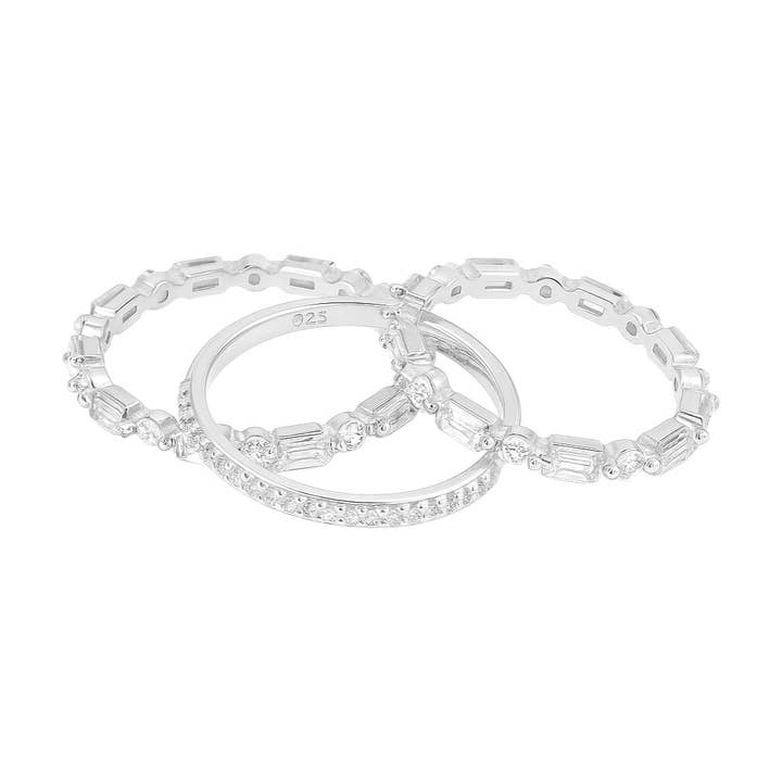 Atlanta Jewelers Supply - Wholesale Jewelry Set - Sterling Silver Alternating Baguette & Round Moissanite Stackable Eternity Bands Set