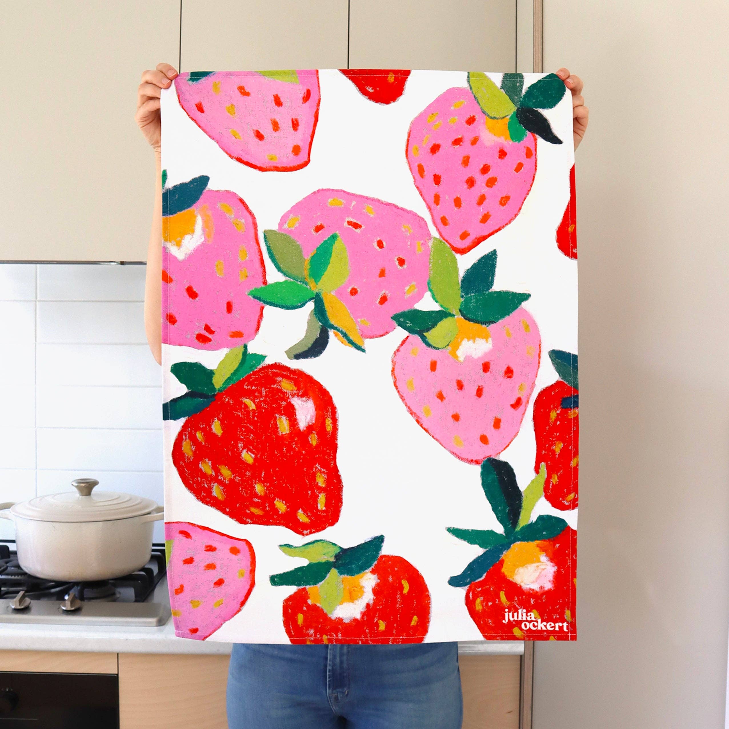 Julia Ockert - Wholesale Tea Towel - Strawberries Tea Towel - Dopamine Decor - Home Decor Gift
