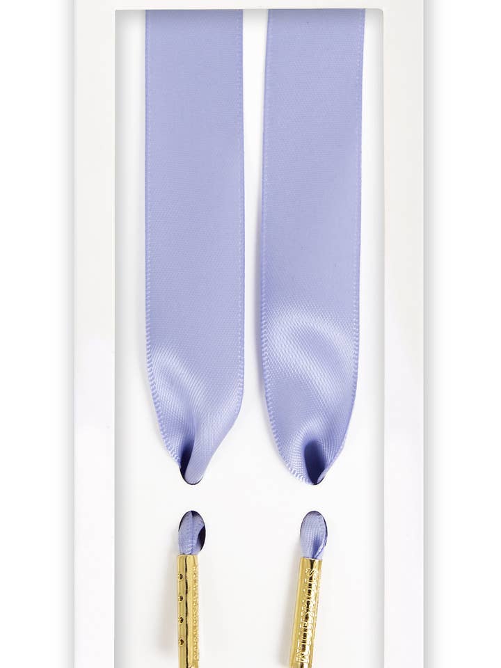 Blue Iris Silk – Shiny Blue Satin Shoelaces with Gold Tips for wholesale by The Shoelace Brand