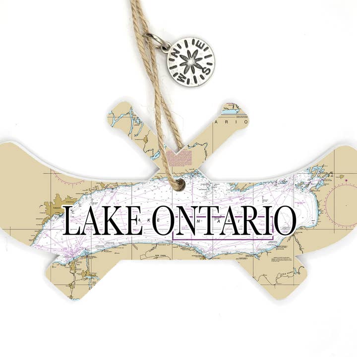 Lake Ontario Canoe Shape Wood Ornament with Map for wholesale by Map Mom
