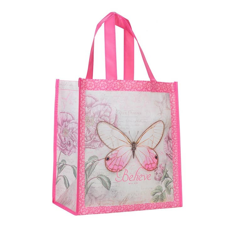 Christian Art Gifts - Wholesale Grocery/Shopping Bag - Tote Pink Floral/Butterfly Printed Believe Mark 9:231