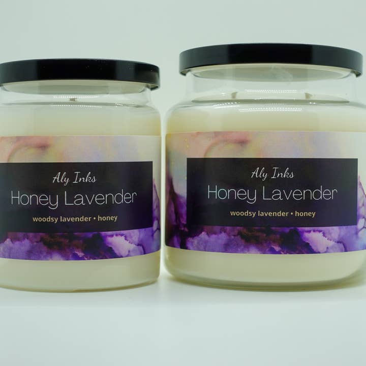Honey Lavender (Woodsy Lavender, Honey) Scented 100% Soy Wax 9.5oz Single Wick Jar Candle | Made in the USA by Aly Inks for wholesale by Aly Inks