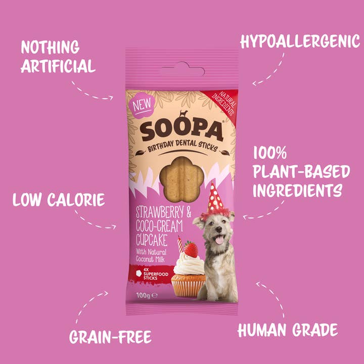 Soopa Europe - Wholesale Pet Treats - Dog - Strawberry & Coco-Cream Cupcake Dog Dental Sticks