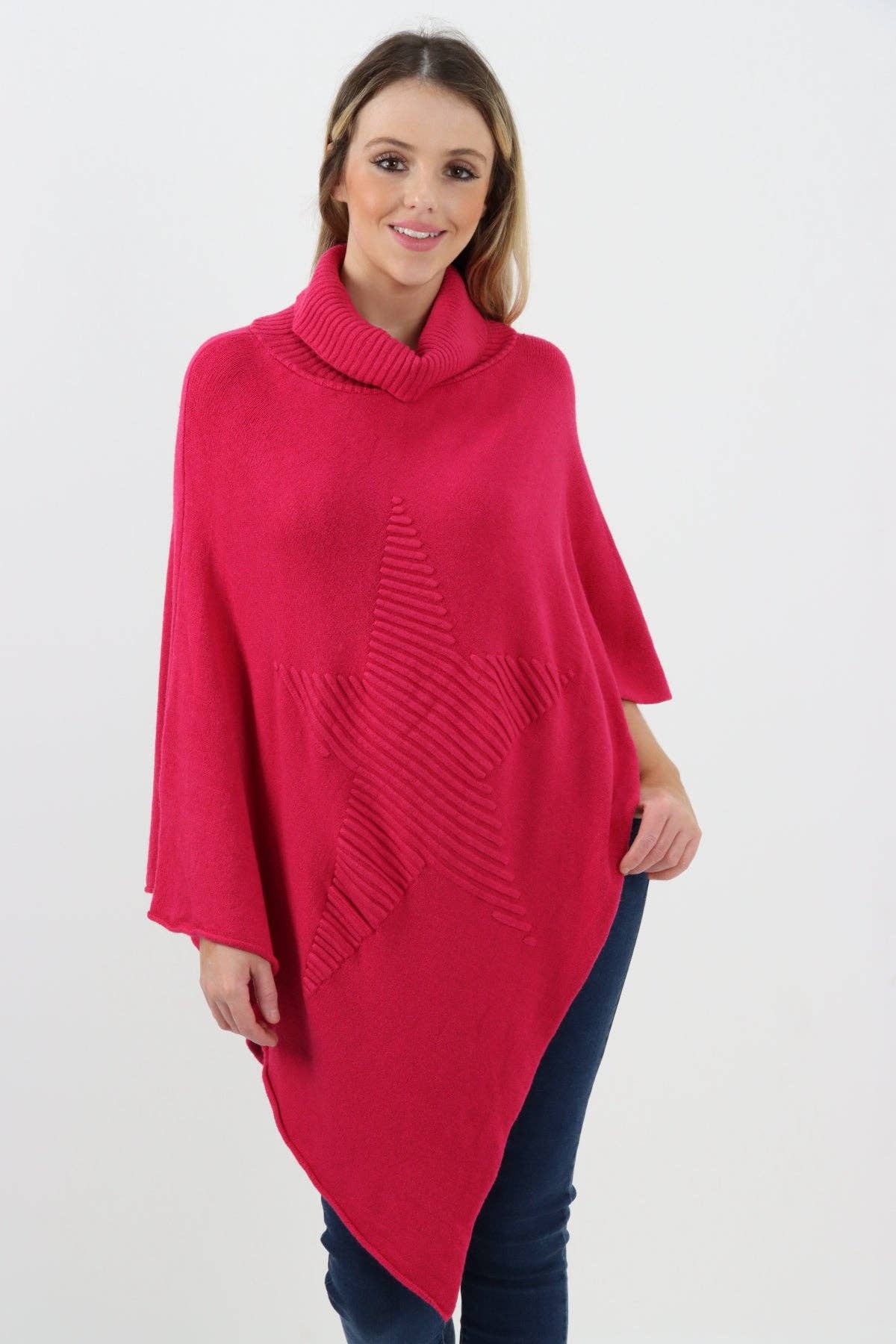 Miss Bold – Engroshandel Poncho - Dame – Italiensk strikket lagenlook poncho med stjernemønster og rullekrave14