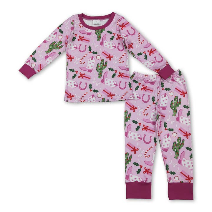 Pink boots cactus candy cane girls western Christmas pajamas for wholesale by Yawoo Garments
