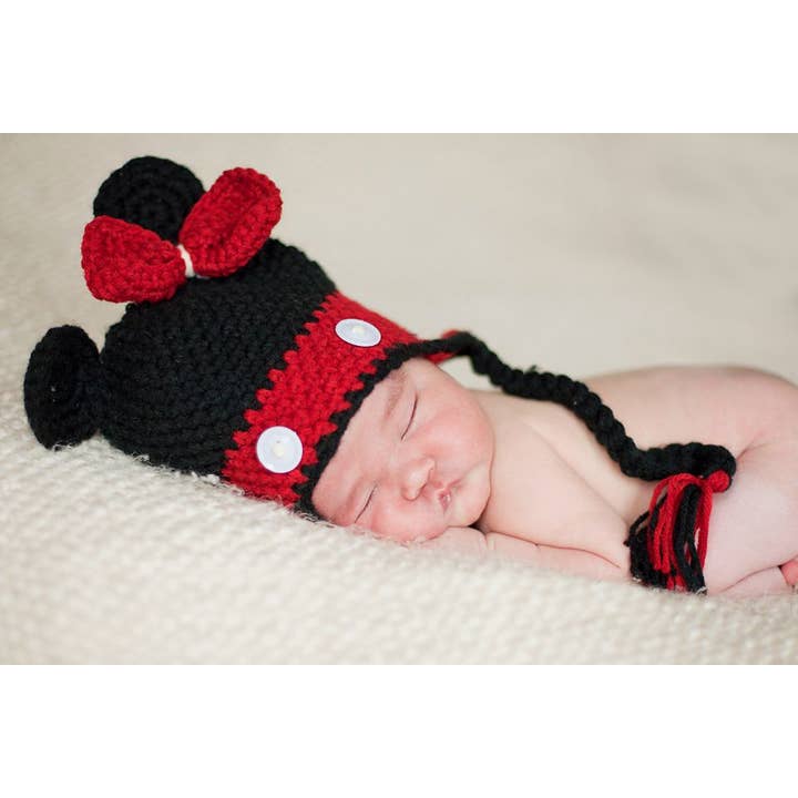 Black/Red Mouse Bow Crocheted Handmade Heirloom Gift Hat for wholesale by The Daisy Baby LLC