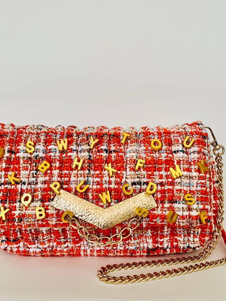 Garell Tweed Crossbody Bag Hand Embellished with Gold Detail for wholesale by GARELL