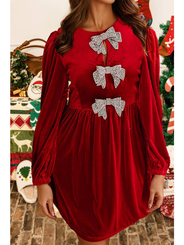 fashionworks - Wholesale Dress - Women's - Christmas Bowknot Decor High Waist Velvet Mini Dress