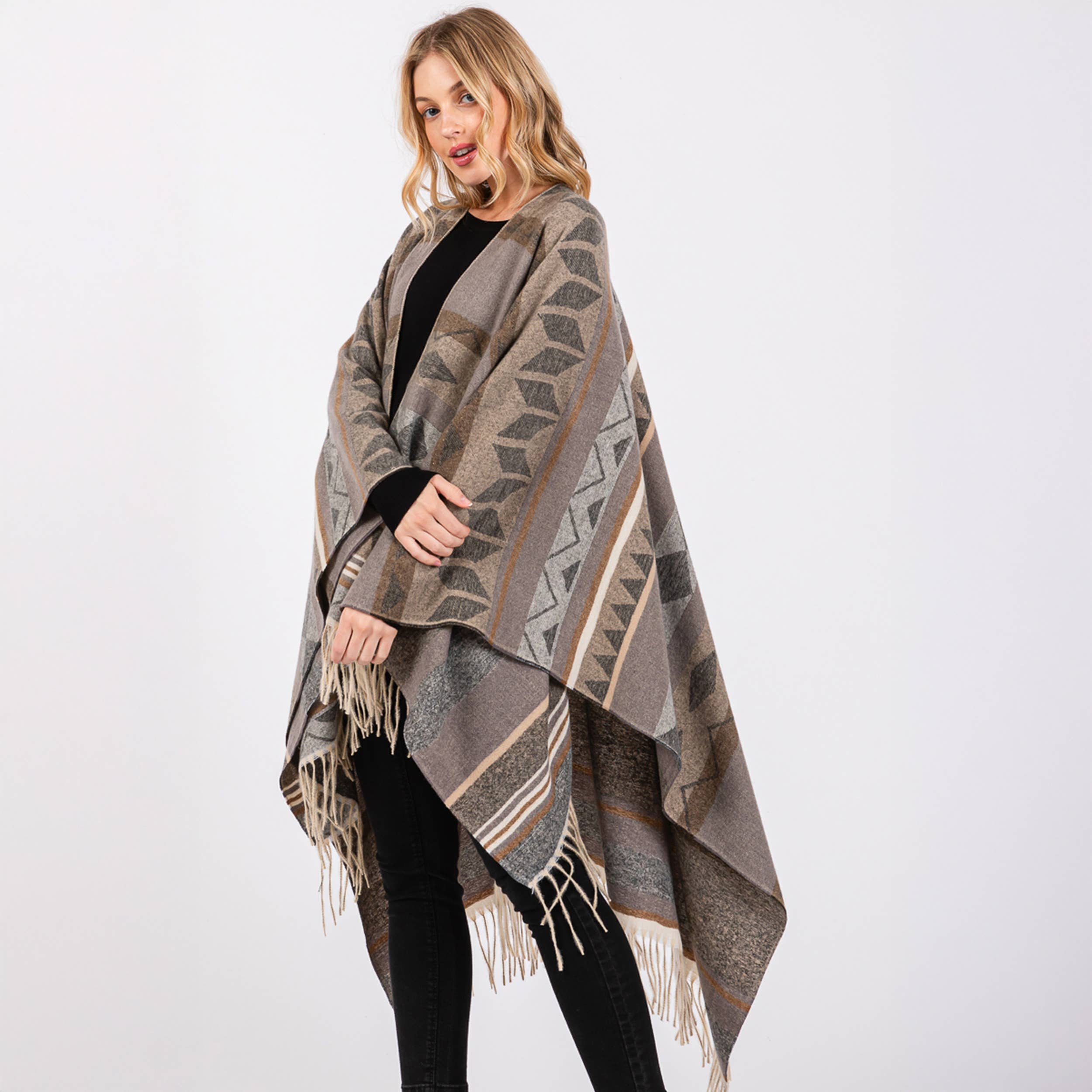 Hana – wholesale Kimono – Women's – Aztec Pattern with Fringe Ruana Winter Kimono13