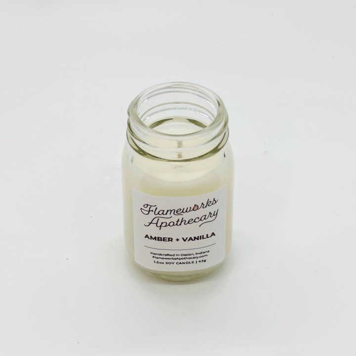 Flameworks Apothecary - Wholesale Jar/filled candle - Amber + Vanilla 1.5 oz Mini Mason Jar Candle1