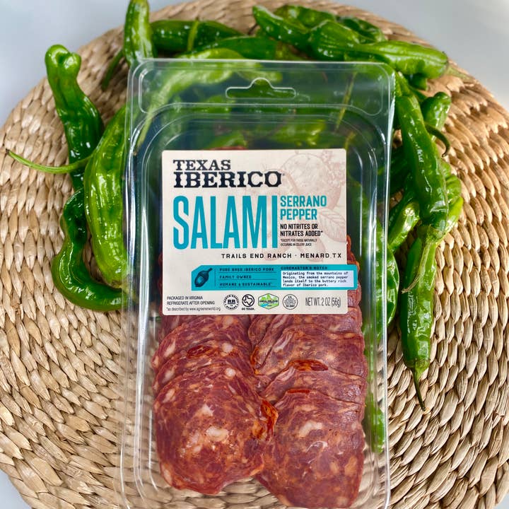 Texas Iberico® Smoked Serrano Pepper Salami -sliced 2oz for wholesale by Alta Gama Foods
