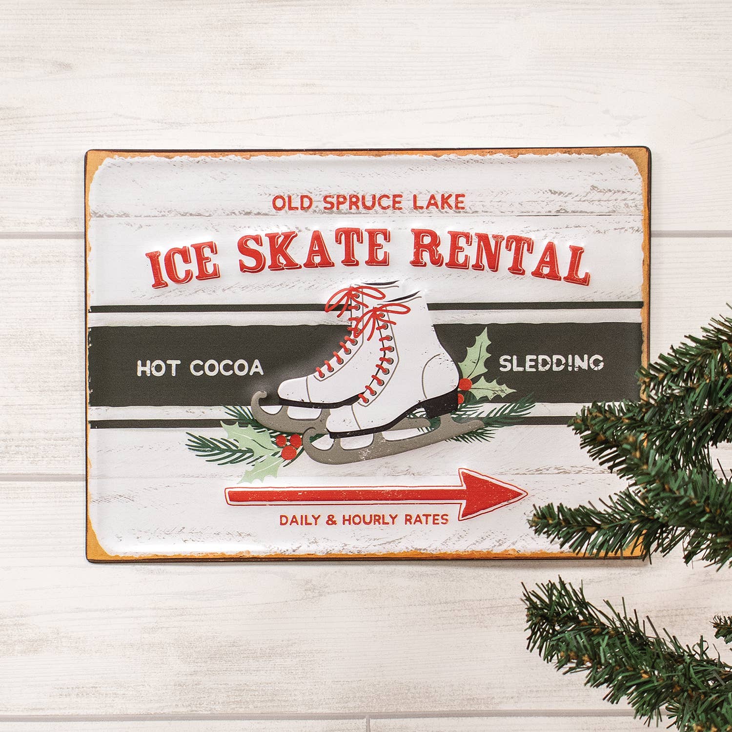Col House Designs - Vente Pancarte - Panneau en métal gaufré Old Spruce Lake Ice Skate Rental1