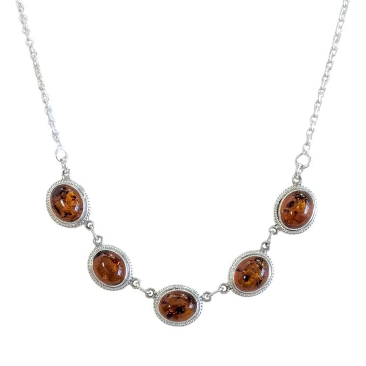 SALE 5-Stone Amber Sterling Silver Necklace for wholesale by Saraswati Imports