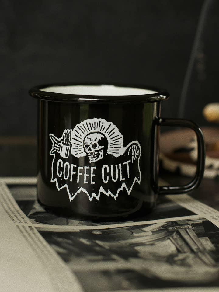 Coffee Cult Enamel Mug, Skull for wholesale by Pyknic