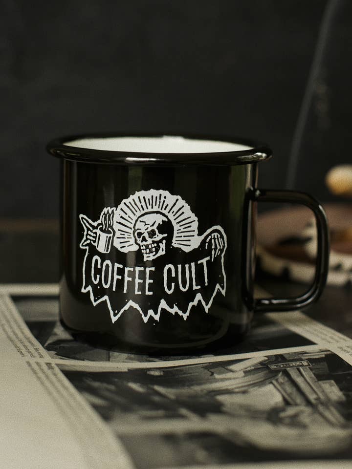 Coffee Cult Enamel Mug, Skull for wholesale by Pyknic
