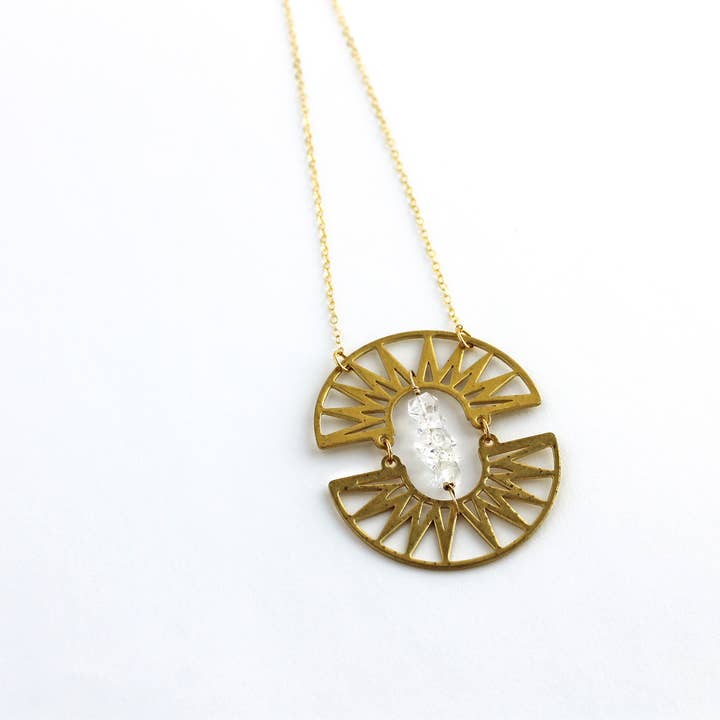 Laura Stark Designs - Wholesale Pendant/Charm Necklace - Boho Brass Double Ray Necklace | Raw Crystals