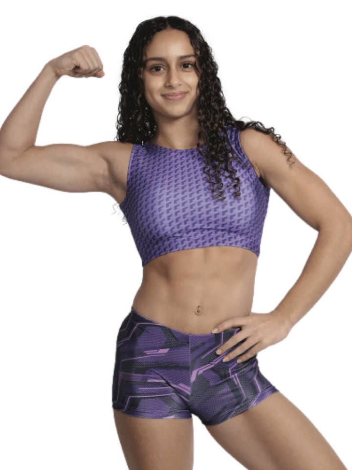 Ensemble de gymnastique Purple Passion - Justaucorps 2 pièces et short pour filles et femmes pour la vente par Foxy's Leotards