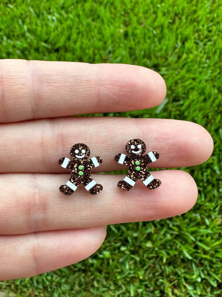 Gingerbread Man Stud | Christmas Earrings for wholesale by Laser & Color Designs LLC
