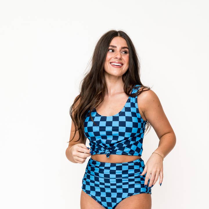 Blue Check Knotted Front Swim Top for wholesale by Coral Reef Swim