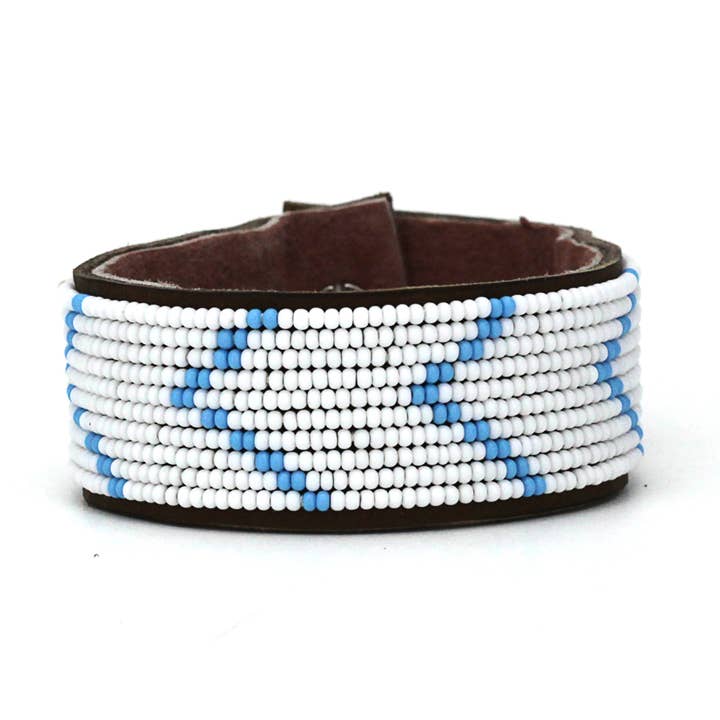 Medium Light Blue Chevron Leather Cuff for wholesale by Swahili Coast