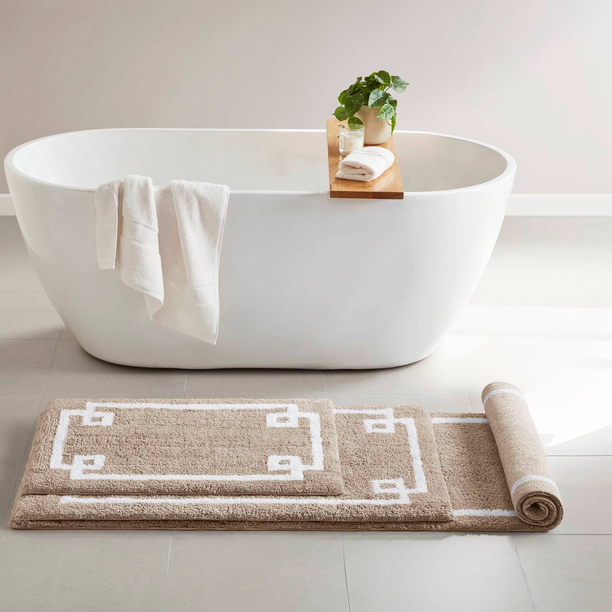 Olliix - Wholesale Bath Mat - High Pile Bordered Bathroom Rug, Taupe3