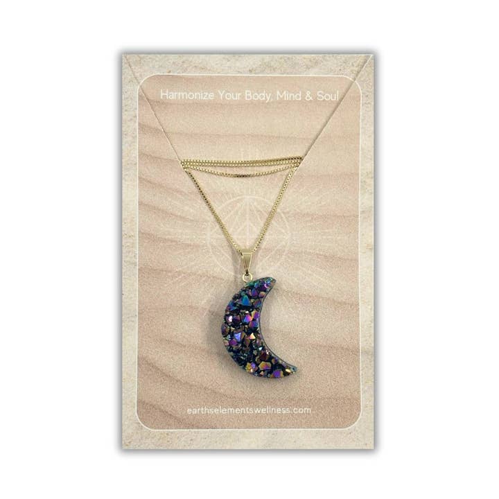 Earths Elements Wholesale - Wholesale Pendant/Charm Necklace - Necklace - Rainbow Druzy Moon, Gold Chain