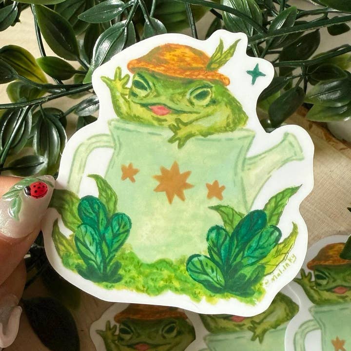 Frog in a Pot Vinyl Sticker for wholesale by Mal.inky