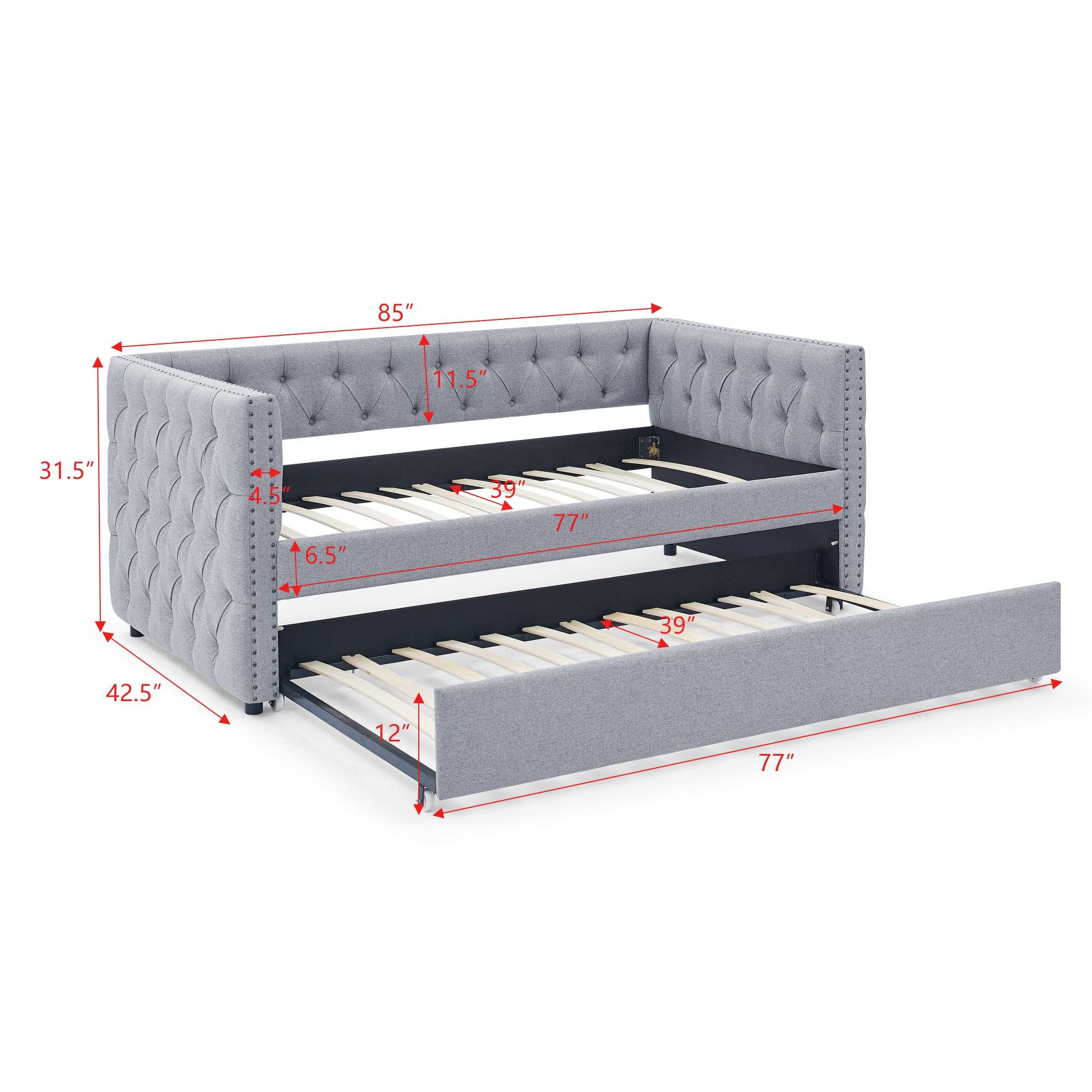 39F Inc. - Wholesale Sofa - Grey Upholstered Twin Daybed with Tufted Trundle Bed11