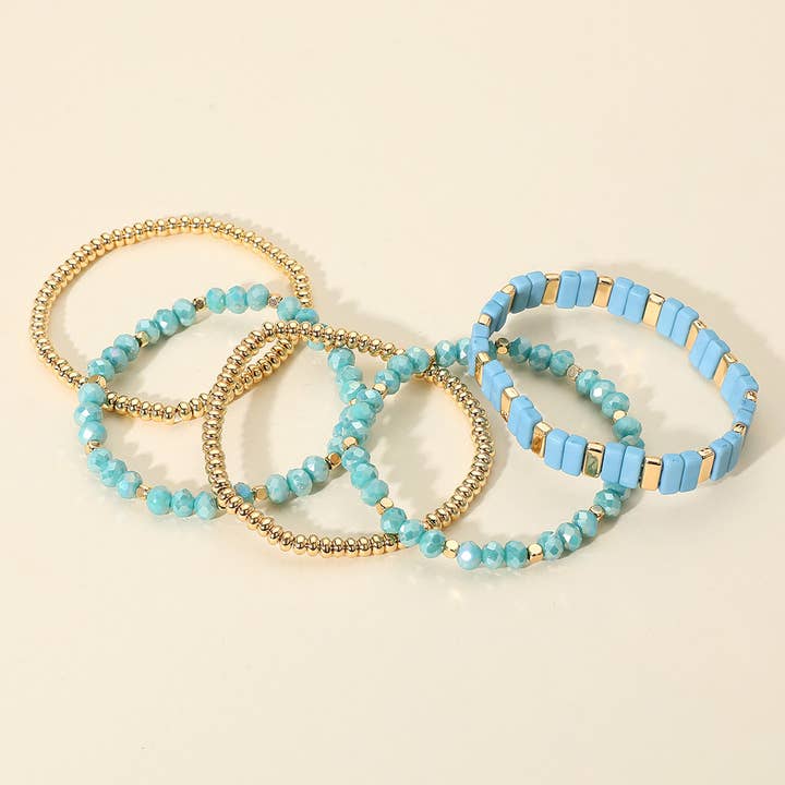 Sensibling Corp. - Wholesale Jewelry Set - 5PCS - Mixed Shape Textured Beaded Stretch Multi Layered Bracelets13