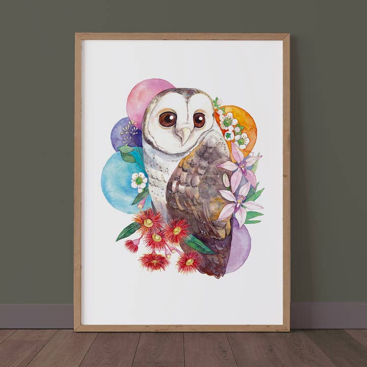 Coruja mascarada com planta nativa australiana//Impressão artística em aquarela//Arte de parede por atacado de Watercolour By Cat