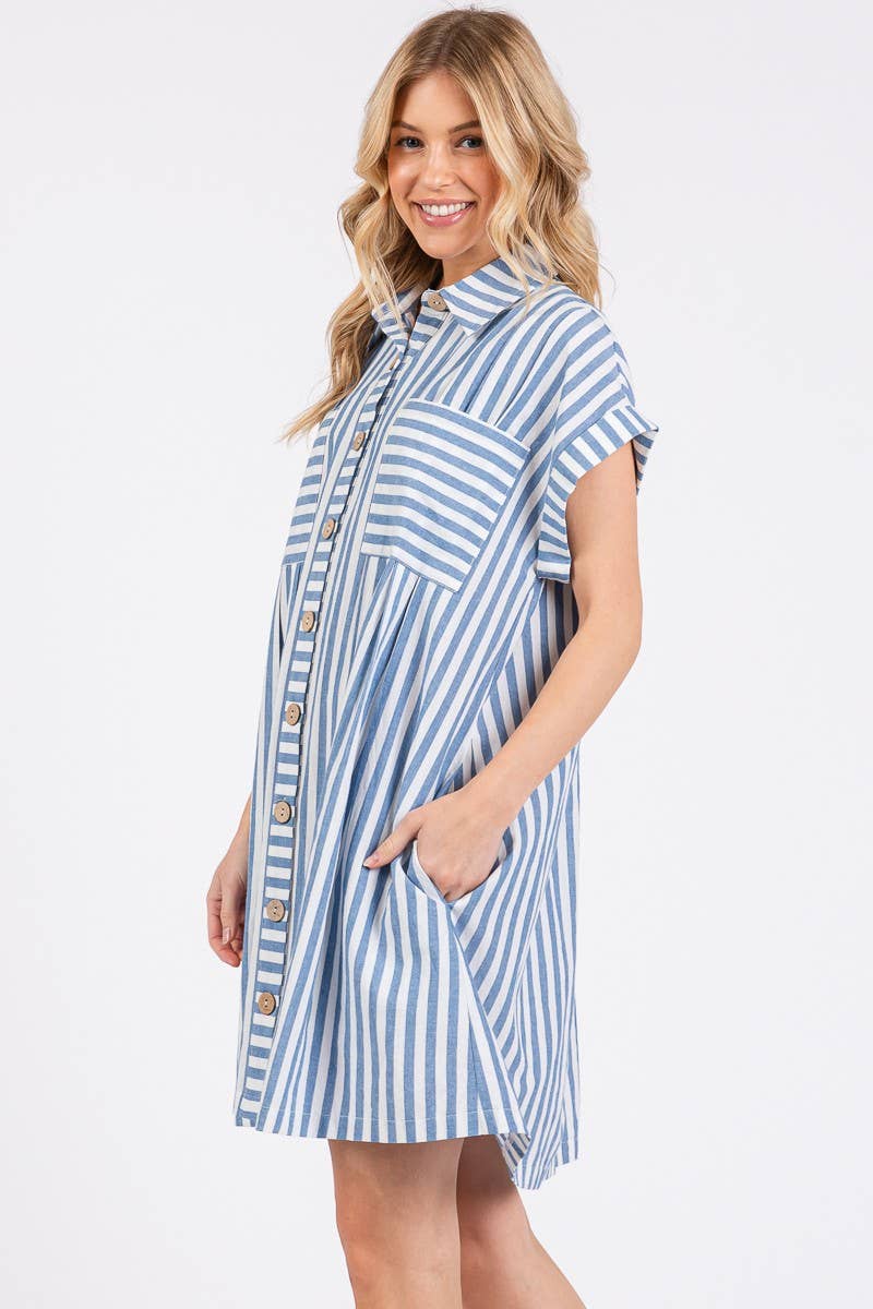 Sewn and Seen - Vente Robe – femme - ROBE TUNIQUE À RAYURES EN COTON AVEC BOUTONS13