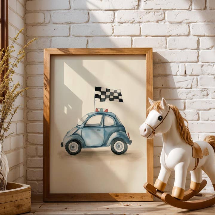 Vintage biltryk - Blå illustration - Trykt for engroshandel hos Artsriver