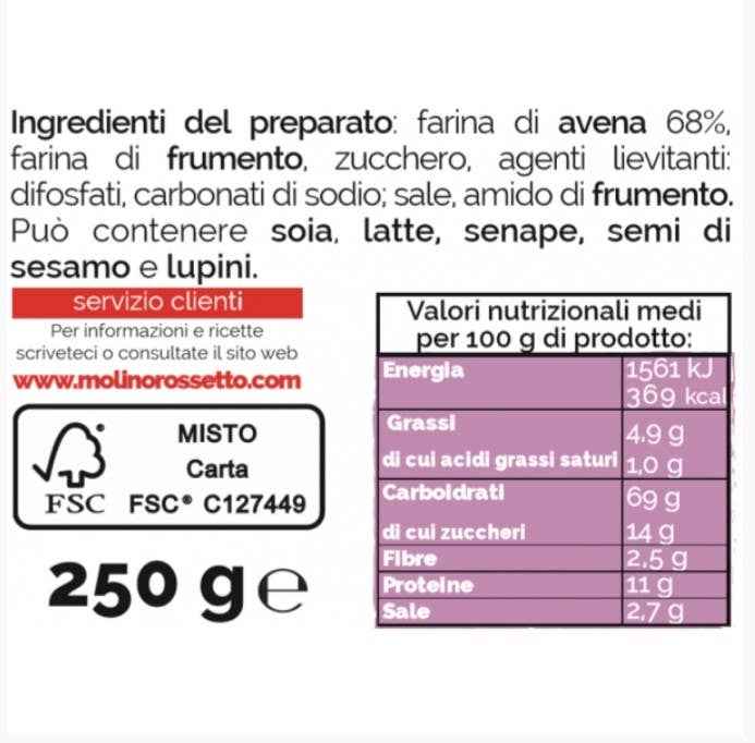 Molino Rossetto - Wholesale Pancake Mix - PREPARATION FOR PANCAKES WITH OATMEAL - 250 G -2