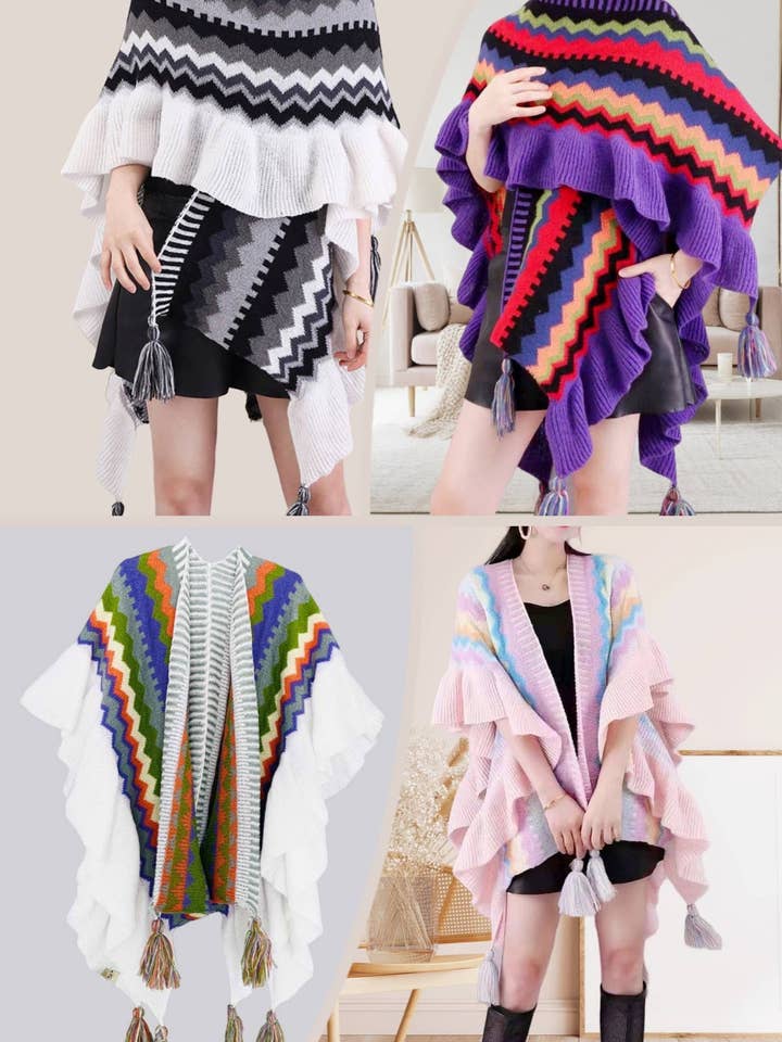 JC063327 Handcrafted Crochet Ruffle Ruana for wholesale by JC Sunny Fashion