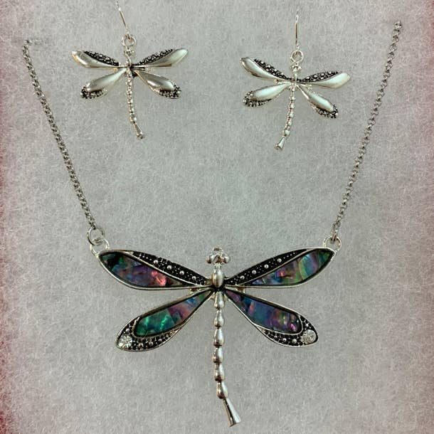 FR2707 3D Abalone Dragonfly Pendant Necklace Set for wholesale by 0011 PREMIERE