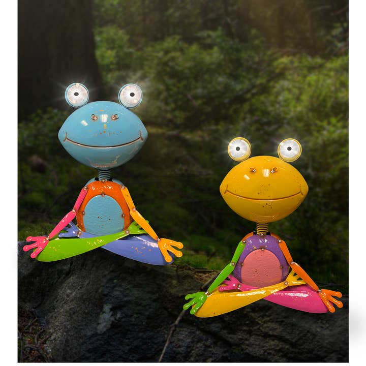 Enameled Metal Frog Statue with Solar Lighted Eyes for wholesale by Continental Art Center