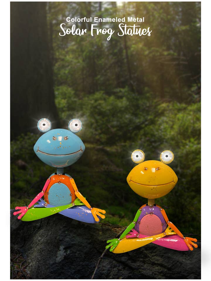 Enameled Metal Frog Statue with Solar Lighted Eyes for wholesale by Continental Art Center