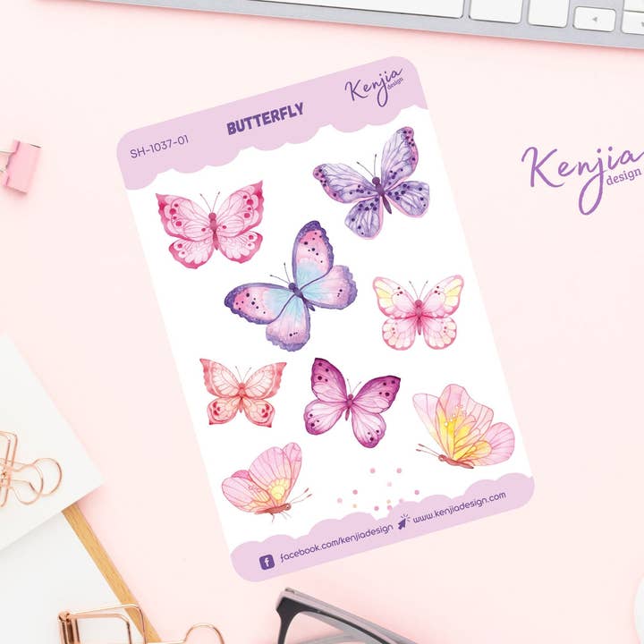 Pink Watercolor Butterfly Sticker Sheet for wholesale by Kenjia Design