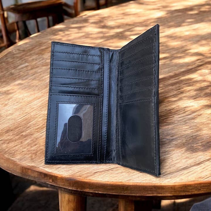 Western Linens - Wholesale Wallet - Men's - Feather Tooled Leather Men's Checkbook Wallet