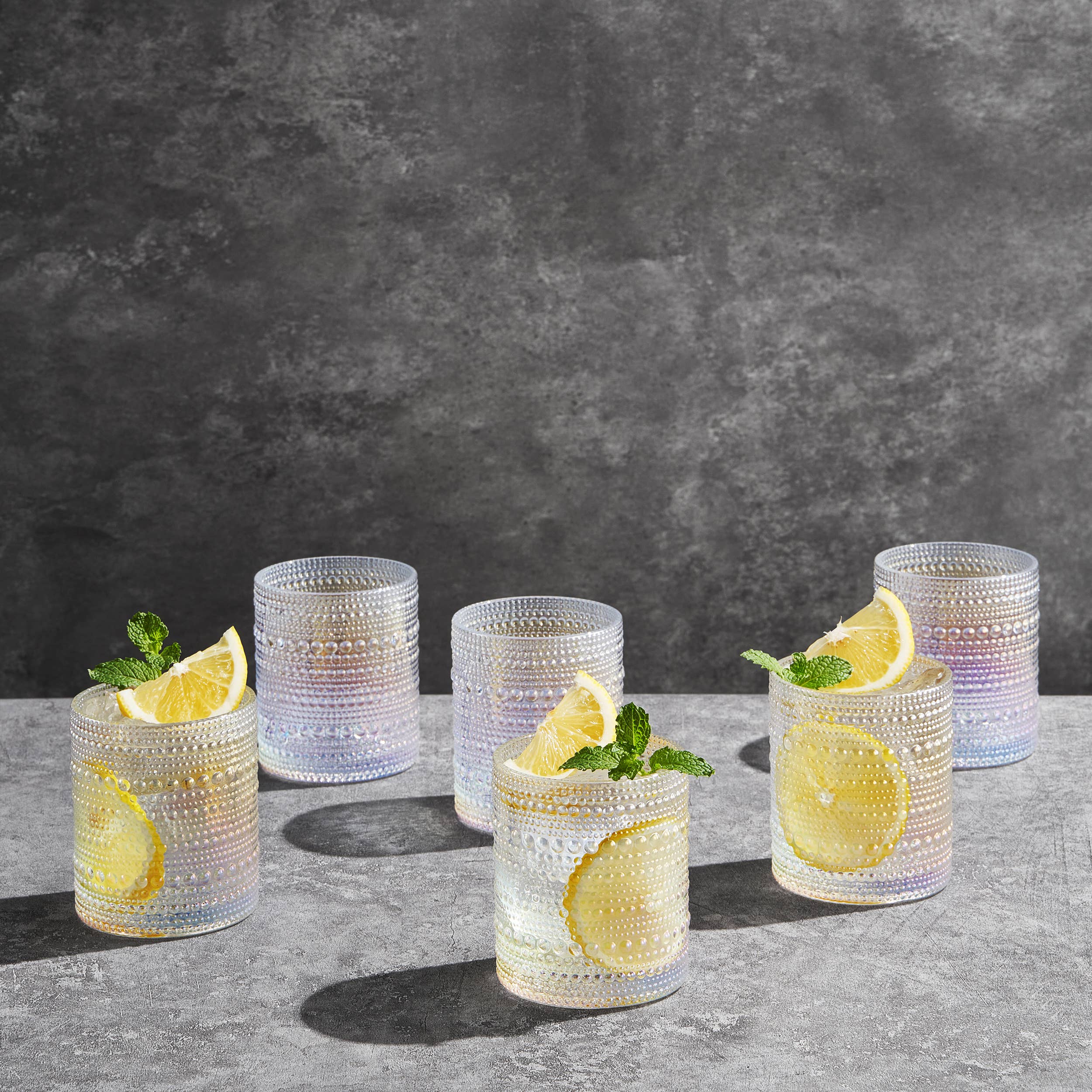 The Wine Savant /  Khen Glassware – wholesale Cocktail/liquor glass – Hobnail Iridescent Beaded Lowball Drinking Tumbler Glasses2