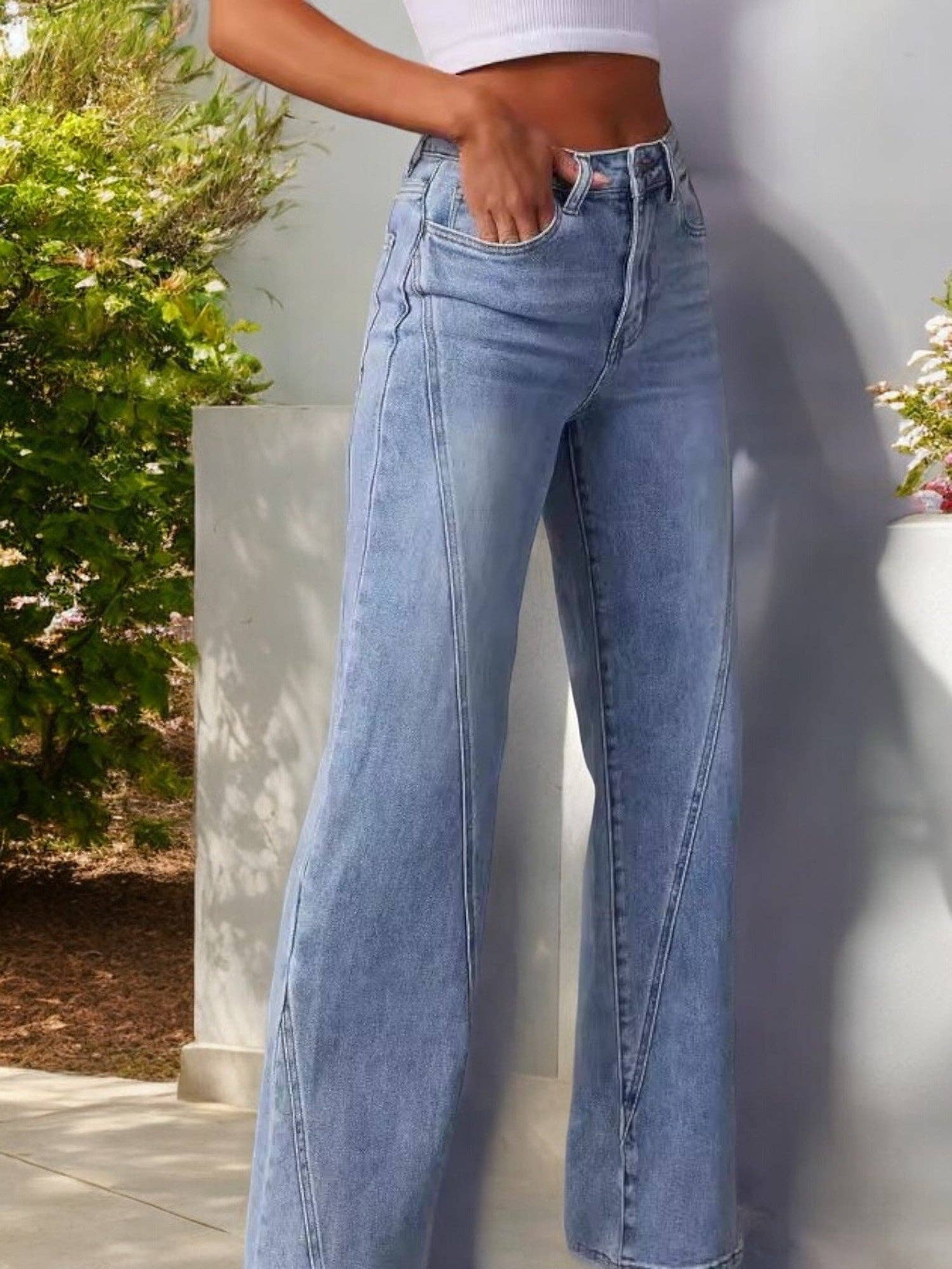 Blue Women's High Waist Wide Leg Jeans with Seaming Detail for wholesale on Faire3