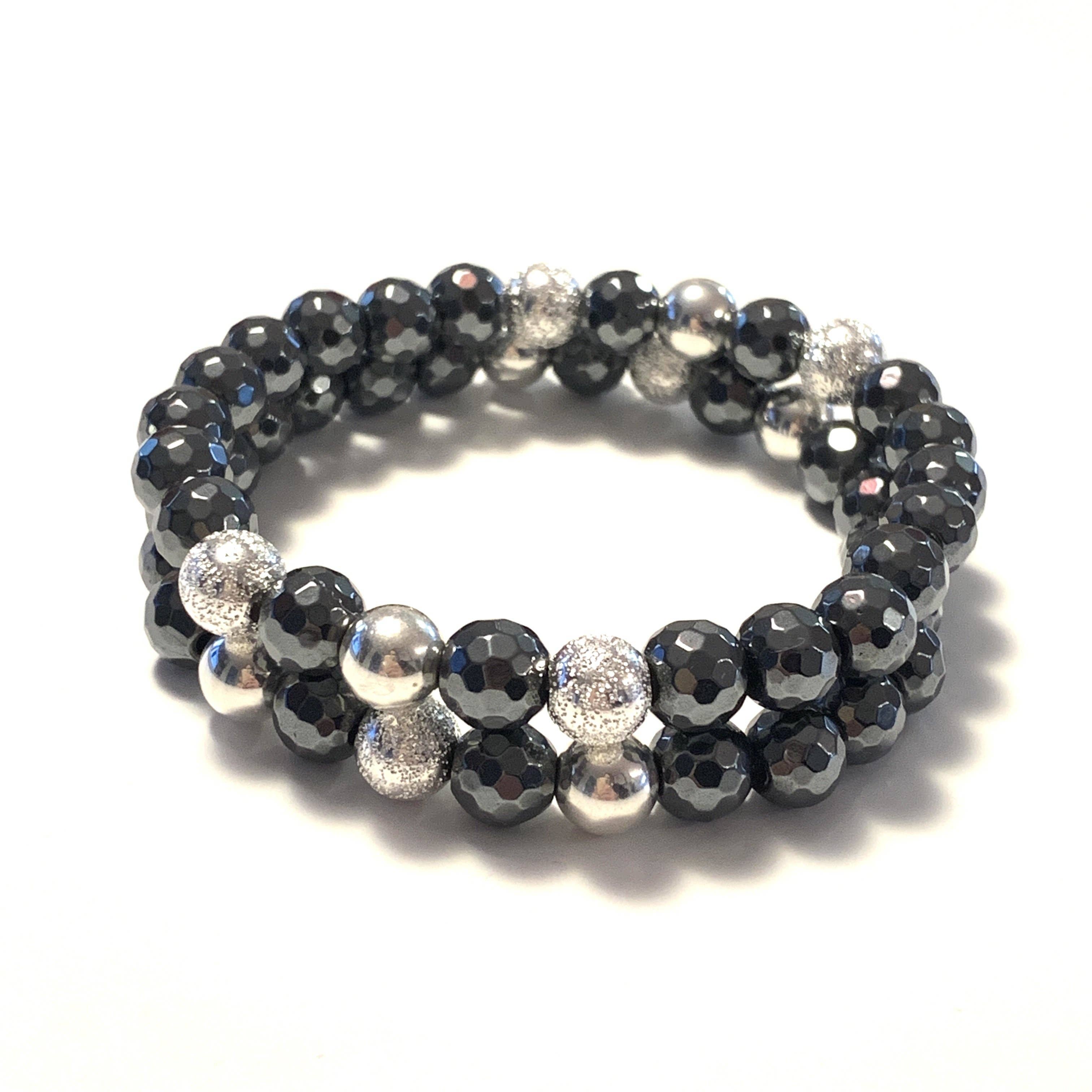 Solid Design Studios - Wholesale Beaded Bracelet - Faceted Hematite & Sterling Silver Stretch Bracelet I1
