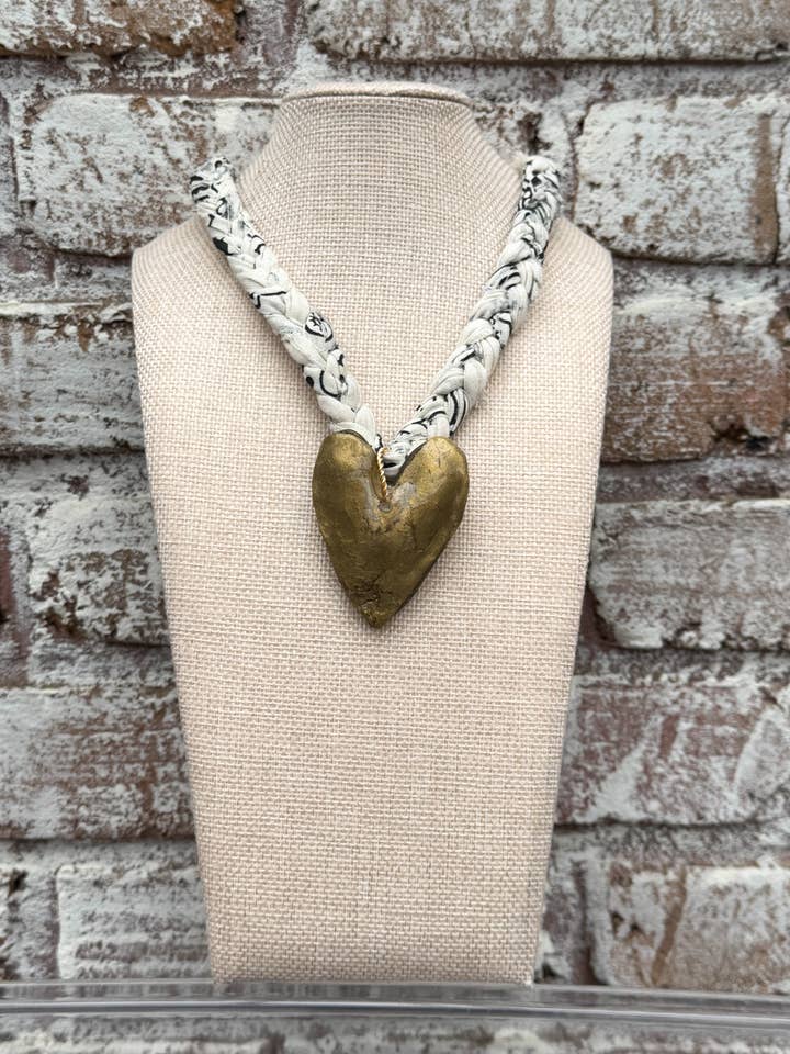 Chunky Cream Bandana with Bronze Heart Necklace for wholesale by Chic’d Out