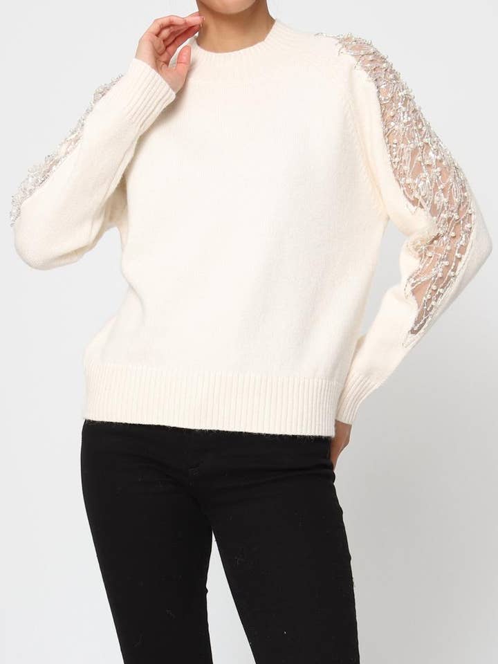 DIX-ONZE - Wholesale Knit Sweater - Women's - Soft Knit Sweater – Sequin & Pearl Details on Sleeves12