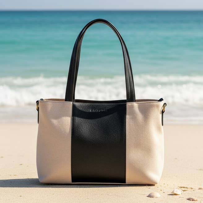 Alta Quero - Vente Tote bag – femme - Sac cabas en cuir véritable et toile – Noir & Beige1