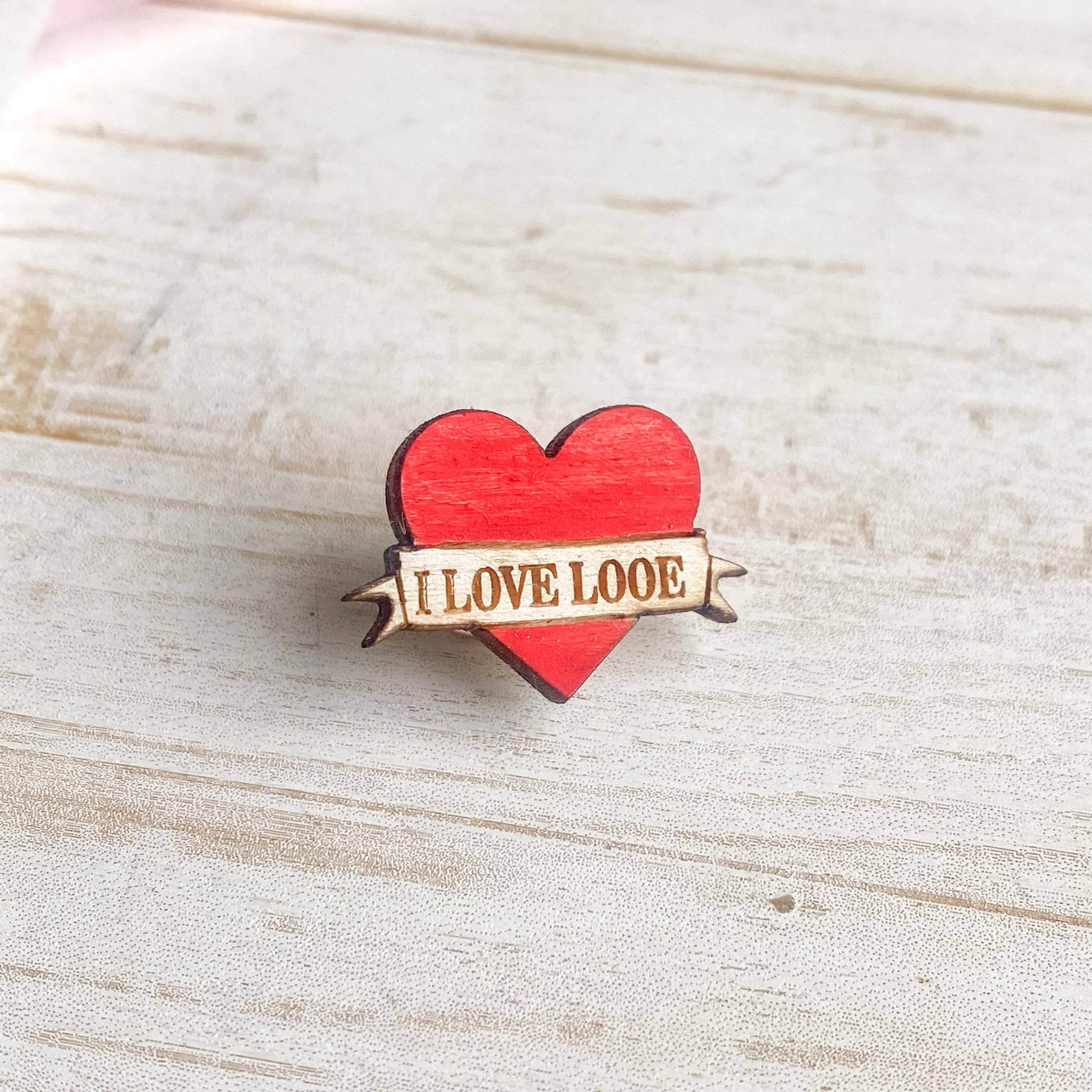 Gorgeous Little Bits Ltd - Wholesale Brooch - Mini Red Heart with Scroll Custom Pin Badge Brooch