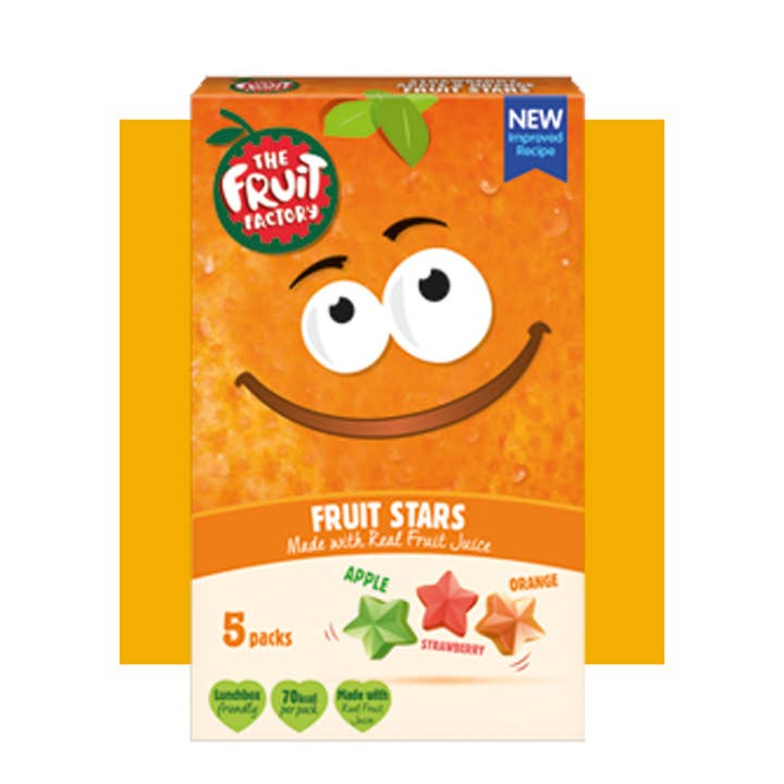 FRUIT FACTORY FRUIT STARS (5x20G) - MIXED FRUIT (STRAWBERRY/ORANGE/APPLE) - CASE OF 9 for wholesale by Zertus UK & I